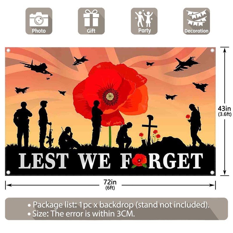 Luminora 72x43inch Remembrance Day Backdrop Lest We Forget Red Poppy