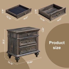 Xiaowei Farmhouse Nightstand with 3 Drawer Storage, 23'' Wide Rustic Wood End Table with 4 Solid Feet, Mid Century Modern Bedside Tables with Thickened Top 25'' Sofa Side Table for Bedroom