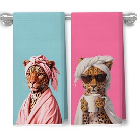 GDJIEGBC Trendy Funky Cheetah Bathroom Hand Towels,16x24 Inch Set of 2,Blue and Pink Leopard Hand Towels for Bathroom Kitchen,Leopard Print Kitchen Dish Tea Towels