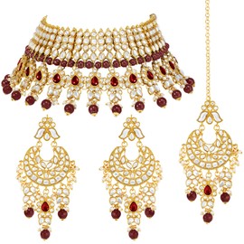 Aheli Gold Plated Maroon Kundan Choker Necklace Earrings Maang Tikka Jewellery Set Gift for Women