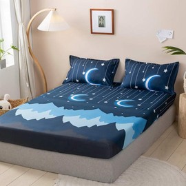 Kids Bedding Set Moon Twinkle Stars Bed Sheet Set for Boys Girls Bedroom Decor Queen Size Microfiber Soft Mountain Night Fitted Sheet Dark Blue Bed Cover with 2 Pillow Case, Flat Sheet not Included