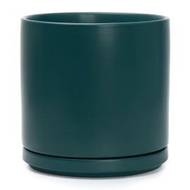 D'vine Dev 10 Inch Ceramic Planter Pot with Drainage Hole and Saucer, Indoor Cylinder Round Planter Pot, Teal, 94-O-E-9