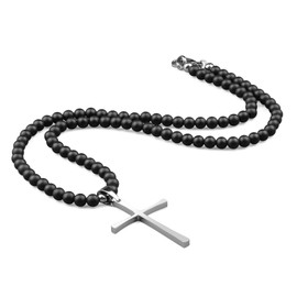 COAI Men's Cross Necklace Black Stone Necklace Onyx Beaded Necklace for Men, Silver Cross Pendant