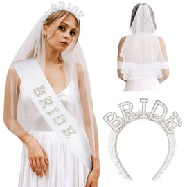 FEINIGESI Pearl Bride Headband with White Bridal Veil and Sash 3 In 1 Set for Bridal Shower Bachelorette Party Decorations Engagement Parties Gift Favors