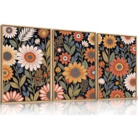 LHIUEM Large Abstract Boho Flower Framed Canvas Wall Art Set,Vintage Colorful Floral Wall Decor,Retro Wildfower Plant Painting,Botanical Artwork for Living Room,Bedroom,Dining Room,Office -24"x36"x3