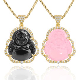 VIKCAUX Laughing Buddha Necklace 2 Pieces Bling Buddha Protection Pendant with 14K Gold Plated Chain Black & Pink Crystal Buddah Necklaces Jewelry for Women Men