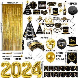 MOVINPE New Years Eve Party Supplies 2024 Serve 20 - Happy New Year Decorations Kit, Banner Cone Hats Tiaras Foil Fringe Curtain Hanging Swirls Squawkers Blowouts Number Balloons Photo Booth Props