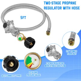 5FT Two Stage Propane Regulator Hose - Stainless Steel Braided LP Gas Hose with Gauge & QCC1/Type1 Connector, 3/8" Female Flare Nut for RV, Gas Grill, Fire Pit & Outdoor Appliances (CSA Certified)