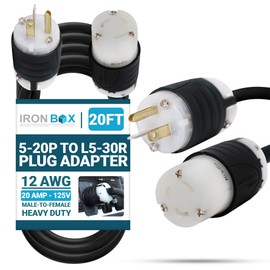 IronBox Electric NEMA 5-20P to L5-30R Plug Adapter Power Cord - UL Listed Extension Cable - Heavy Duty Twist Lock Plug and Connector for Generator, Camper, Data Centers, Outdoor and More (20ft, Build)