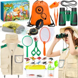 POWZOO Researcher Set for Children, 21-Piece Explorer Set with Researcher Costume Children, Hat, Binoculars for Children, Compass, Cup Magnifier & More, Nature Exploration and Adventure Gift for