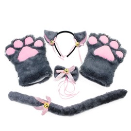 Keesin Cat Cosplay Set Plush Claw Gloves Cat Kitten Ears Tail Collar Paw Cute Adorable Party Costume Set for Children and Adults