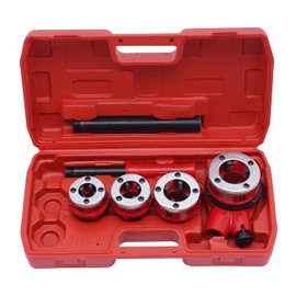 BSPT Pipe Threading Kit 1/2" 3/4" 1" 1-1/4" Plumber Set Red Ratchet Pipe Threader w/ 4 Dies Set + Ratchet Handle + Case for Steel Pipe Galvanized Pipe Iron pipe