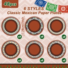 48 Pcs Mexican Fiesta Party Decoration Platos De Barro Mexicanos Paper Plate Spanish Terracotta Tapa Clay Pottery Style Day of The Dead Tableware Set for Taco Dia De Los Muertos Birthday Wedding