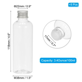 PATIKIL Travel Bottles with Screw Cap, 6 Pcs 3.4Oz(100ml) Leak Proof Refillable Empty Dispenser Container Squeeze Bottle with Aluminum Screw Lid for Shampoo Toiletries Lotion Cream, Clear