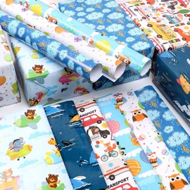 MAMUNU Gift Wrapping Paper, 6 Sheets Birthday Wrapping Paper for Kids with Car Animal Weather Elements Design, Gift Wrapping Paper for Boys Birthday Babyshower Any Occasions, 50x70cm