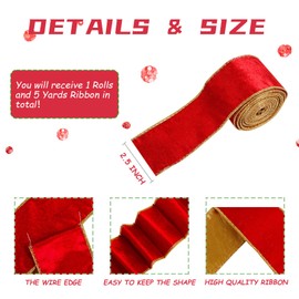 Red Wide Velvet Ribbon Wired for Christmas Tree, Garland, Wreath, 2.5 Inch 5 Yards