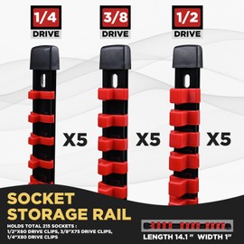 EGOFIX EGOFIX Socket Organizer Set 15PCS ABS Holder Kit - 1/4-Inch x 80, 3/8-Inch x 75, 1/2-Inch x 60 Clips, Drive Tray, Rail - Red