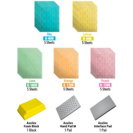 Eagle Abrasives Super Assilex Flexible Sanding Sheet Finishing Starter Kit, SP19115, K600-K1500, 25 Sheets + 1 Foam Hand Block & Interface Pad + 1 M Hand Pad