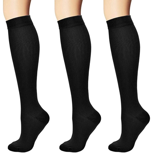 NANOOER Compression Socks, 3 Pairs, High Socks, Elastic Stockings, Compression, Men's Business Socks, Compression Sports Socks, Cycling, Running, Unisex, Black