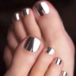 Silver Press on Toe Nails Chrome Fake Toe nails with Solid Color Designs False Toenails Square Glue on Toenails Stick on Toe Nails Glossy Acrylic Toenails Full Cover Artificial Toenails