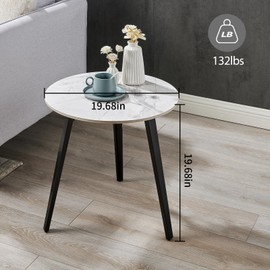 JIELARHUA Round End Table, Marble Side Table with Metal Frame, Grey White Modern Small Side Table for Small Spaces, Living Room, Bedroom, Balcony, Easy Assembly, 19.68x19.68 inches