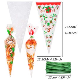 FINGOOO Christmas Candy Cookie Bags 100 Pieces Xmas Cellophane Snack Bags Cookie Bags with 150 Twist Ties for Christmas Party Supplies