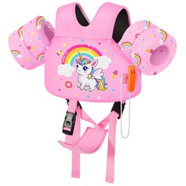 MoKo Toddler Swim Vest for Kids, Swim Arm Floaties 15-30 lbs Cartoon Swimming Water Wings with Crotch Strap, Pool Float Vests Sleeves Shoulder Straps Arm Band for Children, Pink Unicorn