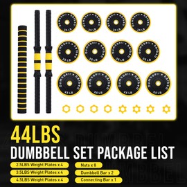 2-IN-1 Adjustable Dumbbell Set for Home Gym, 44 LBS Weight Set for Dumbbell and Barbell, Yellow