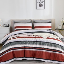 WONGS BEDDING Queen Comforter Set 7 Pieces, Red Striped Bed in a Bag, Soft Lightweight Micorfiber Bedding Set with Comforter, Flat Sheet, Fitted Sheet, Pillow Shams, Pillowcase