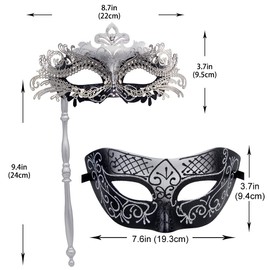 IETANG Couple Mask Half Venetian Masquerade Ball Mask Party Costume Accessory (on Stick-silver+black)