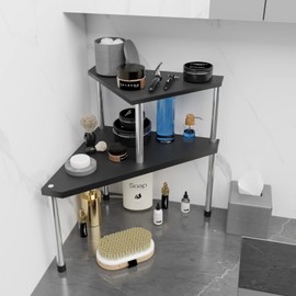 Weenson Countertop Organization Counter Shelf - 2 Tier Corner Shelf Bamboo Display Shelves Free-Standing Storage Organizer for Bathroom, Kitchen, Living Room (Black)