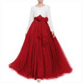 Women Wedding Long Maxi Puffy Tulle Skirt Floor Length A Line with Bowknot Belt High Waisted for Wedding Party Evening(Red,Large-X-Large)