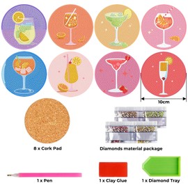 Barlone 8 Stück Diamond Painting Untersetzer, Cocktail Untersetzer Diamond Painting Erwachsene, DIY Diamant Tassenuntersetzer mit Kork, für Anfänger, Erwachsene, Kinder Geburtstagsgeschenk
