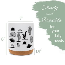 Elanze Designs 8 inch Cactus Desert Plant Pattern Ceramic Kitchen Utensil Holder White and Black Crock with Cork Base Large Cooking Utensil Organizer for Countertop