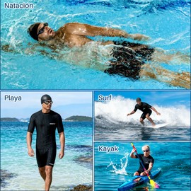 WOTOW Traje de Baño para Hombre 6 en 1, Bañador Corto de Natación Secado Rápido, Incluye Gafas, Gorro de Natación, Tapones Oídos, Pinza Nasal, para Surf Natación Actividad Acuática (Negro, L)