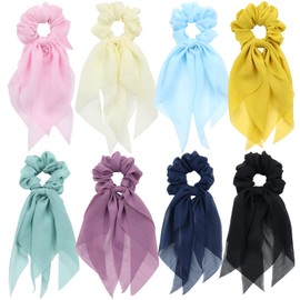 8 Pack Colorful Solid Plain Long Chiffon Ribbon Hair Bows for Girls Silk Scrunchies Hair Ties for Thick Hair Ponytail Holders Headbands Elastics Rubber Scarf Hairbands 90s Hair Accessories for Women