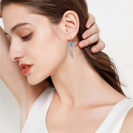 Shinykend 925 Sterling Silver Turquoise Dangle Drop Earrings for Women, Bohemian Turquoise Feather Shaped Drop Earring for Gifts (Sterling Silver)