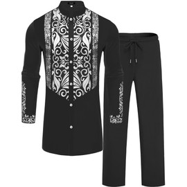 ZSJR African Traditional Clothes Male African 2 Piece Suit Blue African Dashiki for Men White and Gold Formal Men Arabian Suits for Men Afrilisco White African Suit for Men African Mens Suit