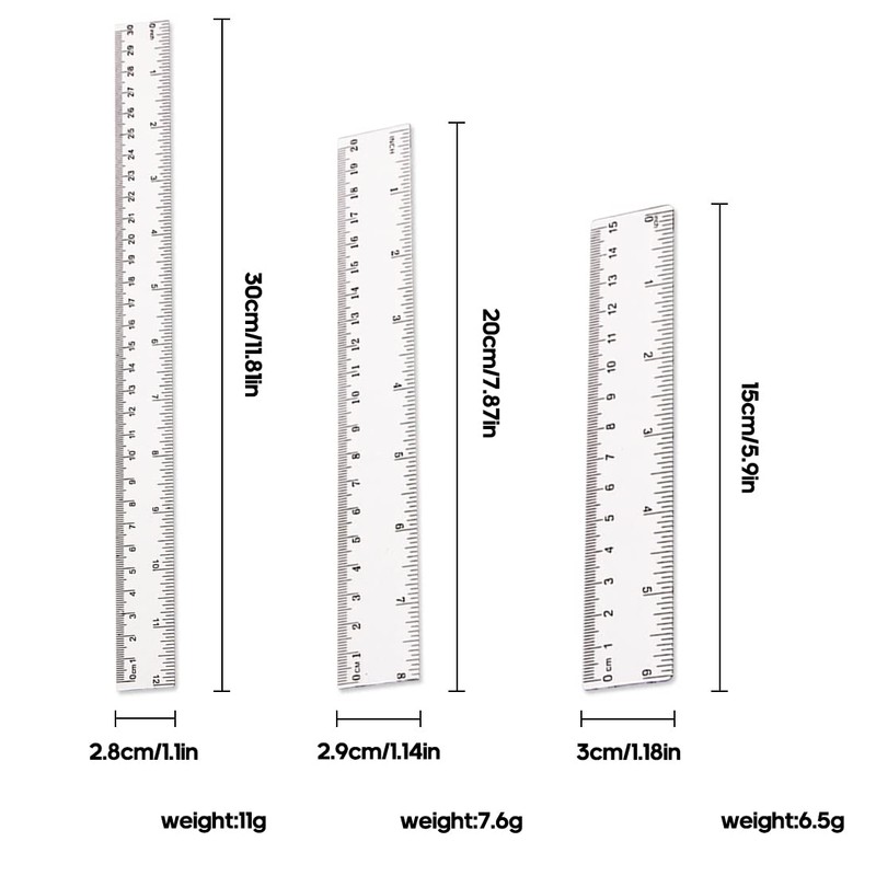 3 Pack Plastic Rulers 15cm 20cm 30cm Rulers Clear Flexible