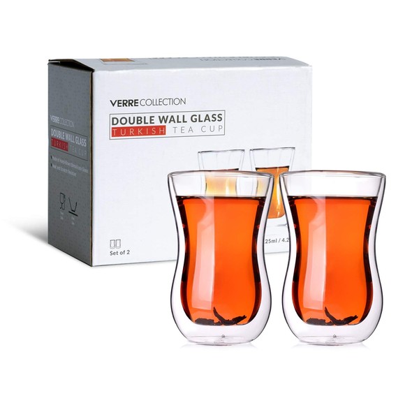 Verre Collection Turkish Tea Cups Double Wall Glass, 4.25 oz, Set of 2 - Insulated Heat Resistant & Lightweight Glass Tea Set (2-Pack)