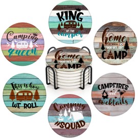 Britimes Coaster for Drinks Set of 6, Wooden Summer Camping Forest Absorbent Round Ceramic Stone Mat, with Cork Base and Metal Holder, Gift for Housewarming Room Bar Decor