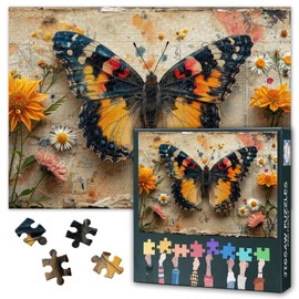 Vintage Butterfly Puzzle for Adults 1000 Pieces, Flowers on the Old Paper Jigsaw Puzzles, Impossible Challenge Puzzles, 19.5 x 27.5 Inch