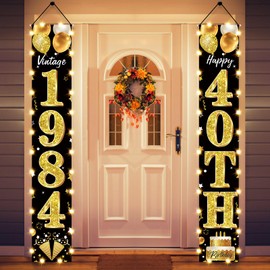 40th Birthday Party Banner Lighted Decorations for Men Women - Black Gold 1984 Birthday Decorations Door Banners with LED Light, Forty Years Birthday Party Supplies for Indoor Outdoor Decor