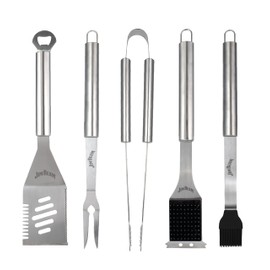 Jim Beam 5 Piece Stainless Steel Grilling Tool Set - Grill Brush, Tongs, Basting Brush, Fork, and 4 in 1 Spatula with Extra Long Handles