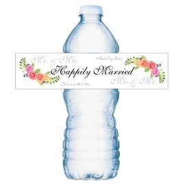 20 Floral Wedding Water Bottle Labels, Happily Married Waterproof Water Bottle Wrappers.