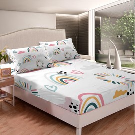 Girls Catoon Rainbow Fitted Sheet Pink Love Heart Bed Sheet Set Decor Cute Cloud Bedding Set Kawaii Stripes Polka Dots Theme White Bed Cover Bedroom Quilt Cover 3Pcs Full