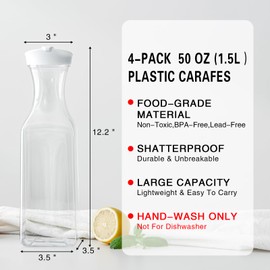 Cuiselect 50 Oz Water Carafe with Lids, Square Plastic Pitcher for Mimosa Bar, Drinks, Milk, Iced Tea, Juice Container for Fridge, BPA-Free, NOT DISHWASHER SAFE (8 Pack)