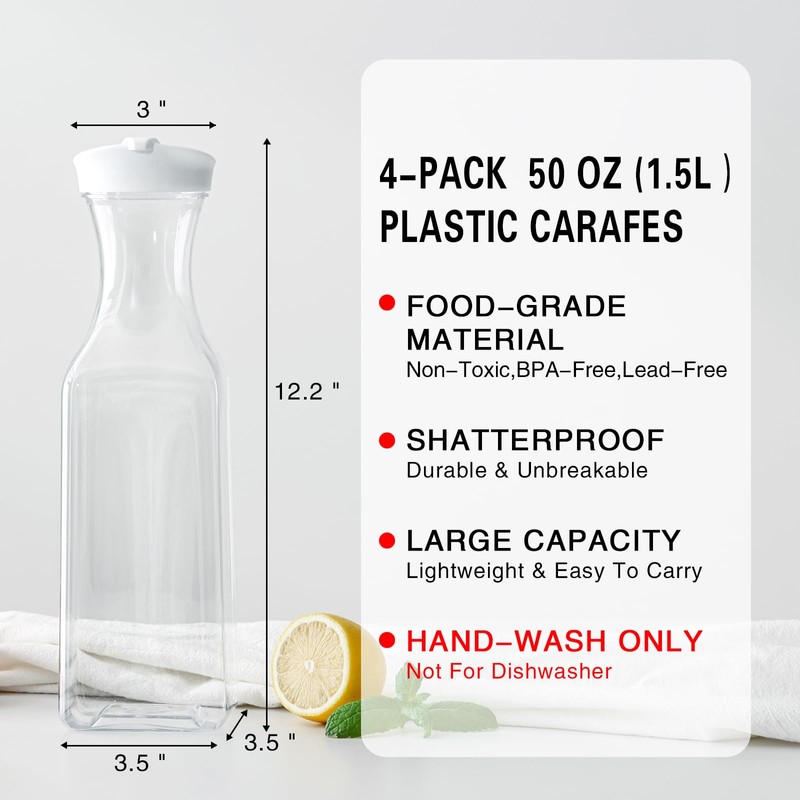 Cuiselect 50 Oz Water Carafe with Lids, Square Plastic Pitcher