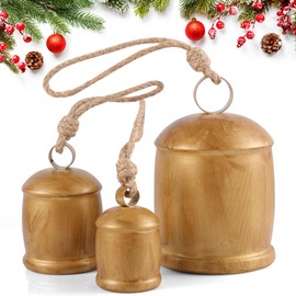 Rowfad 6 Pcs Giant Cow Bells Vintage Christmas Decorative Bells, Winter Big Rustic Hanging Bell Ornaments for Mantel Table Centerpiece Garlands, Set of 6 (6)