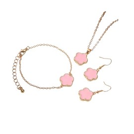 Multicolor Blossom Flower Earrings Necklace and Bracelet Set Lucky Five-leaf Clover Blossom Flower Jewelry Set for Women Gift-Pink